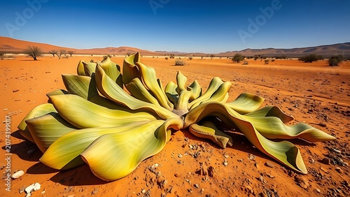 Welwitschia plant with sprawling leaves on arid desert ground.