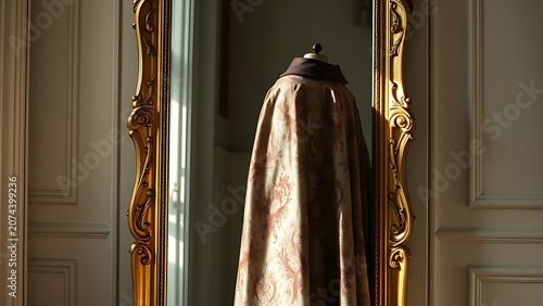 An ornate gold-framed mirror with an embroidered cloak draped before it.