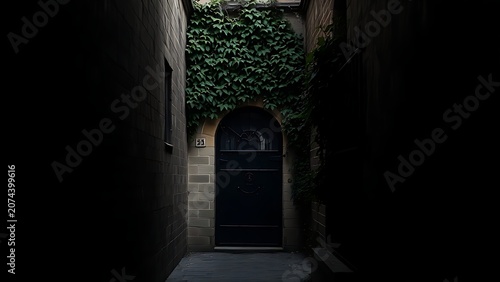 A narrow alleyway ending at an iron door overgrown with ivy.