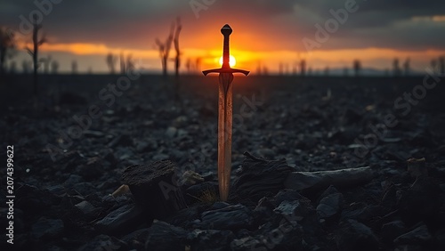 Charred, blackened earth after a wildfire with a rusted broken sword.
