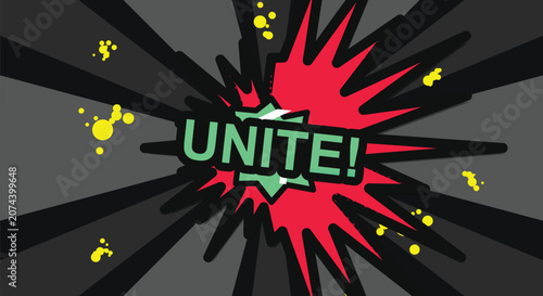 Cuadro en lienzo Pop art explosion with unite text, comic style burst, red and green colors