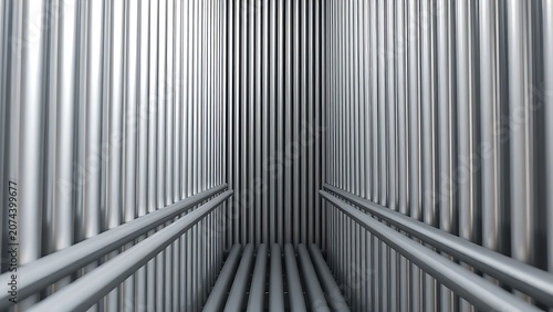 Parallel silver tubes narrowing in perspective, creating leading lines.