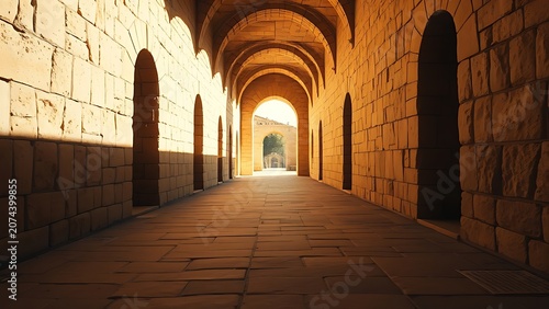 Sunlit ancient monastery stone corridor with archway, architectural lines and deep space.