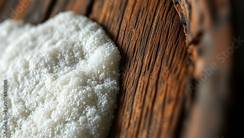 Close-up texture study of dark aged wood contrasted with creamy white foam.