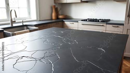 A dark grey soapstone kitchen countertop with carved patterns and soft light.