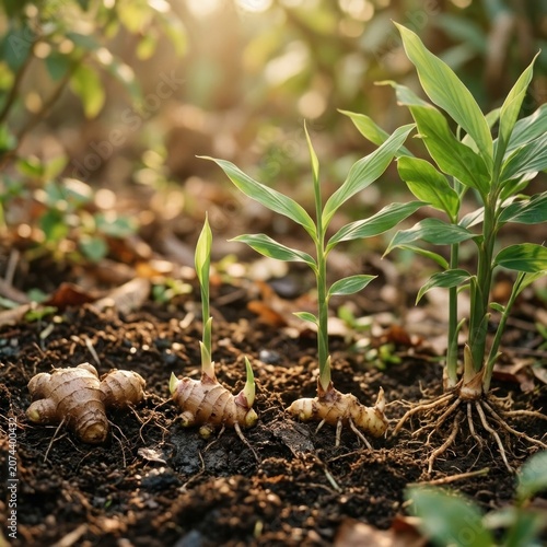 Young Ginger Plants Growing from Rhizomes in Rich Soil with Sunlight.