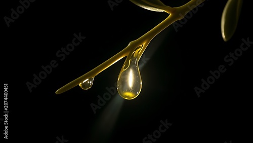 Olive branch with golden oil droplets and sunlight refraction.