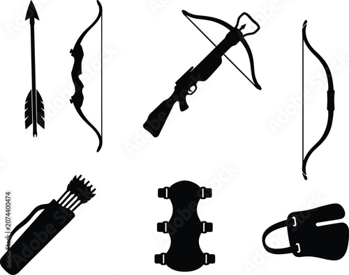 Photos Archery Equipment Silhouette Collection with Bows Arrows Crossbow and Quiver Vec