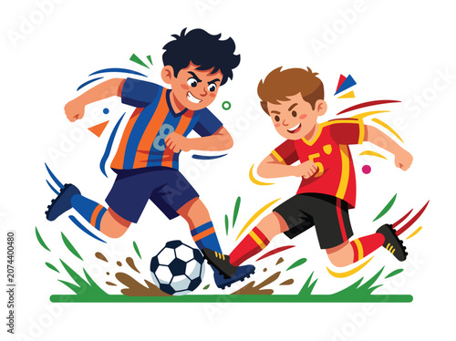 Fotografia Flat style vector illustration of two soccer players battling for possession with powerful movement and colorful action effects