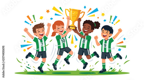 Tableau sur toile Flat style vector illustration of joyful young soccer teammates celebrating with a championship trophy after winning together