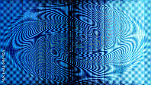 Abstract blue background with halftone pattern and vertical stripes, dynamic wavy texture, modern digital art design with gradient transition from dark to light blue