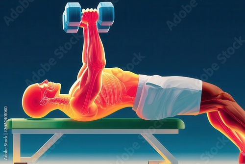 Fitness anatomy illustration of a glowing human performing a dumbbell bench press on a bench
