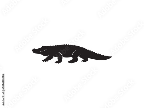 Black silhouette of a walking alligator side profile with alligator crocodile silhouette