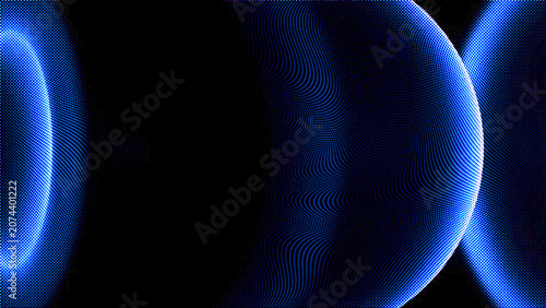 Abstract digital background with glowing blue particles forming curved wave shapes and spheres on a black background