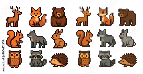 Animal icons with deer fox bear pixel