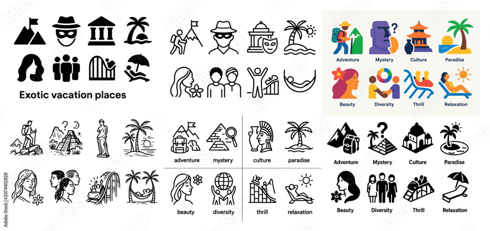 Obraz premium Travel icons with temple palm tree statue flat