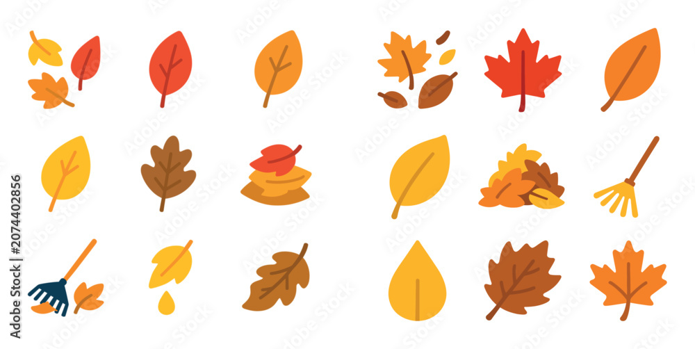 Fototapeta premium Autumn icons with leaf maple oak flat