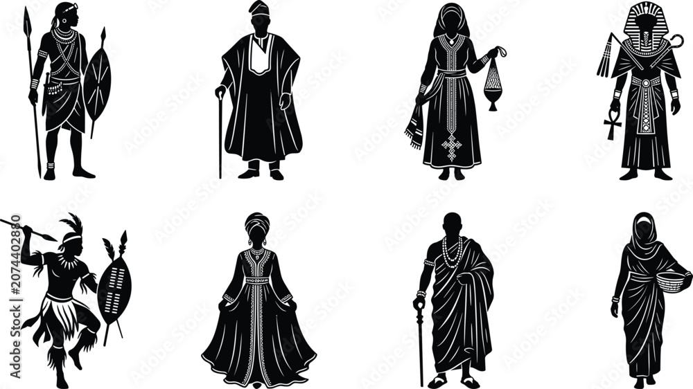 Fototapeta premium African traditional clothing and culture silhouette icon set featuring tribal warriors chiefs dancers and ancient Egyptian pharaoh vector illustrations