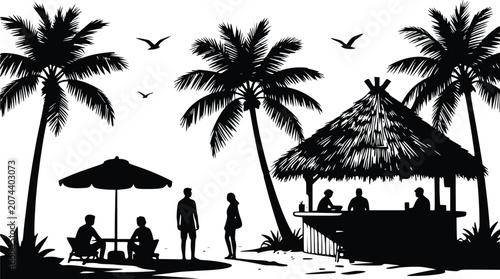 Bild auf Leinwand Beach bar silhouette vector with palm trees people relaxing under umbrella sitti