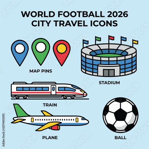 World Football 2026 City Travel Icons With Map Pins