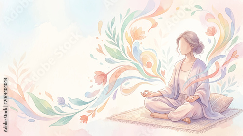 Serene woman meditating in lotus pose, surrounded by colorful watercolor floral elements and abstract shapes, on a mat.