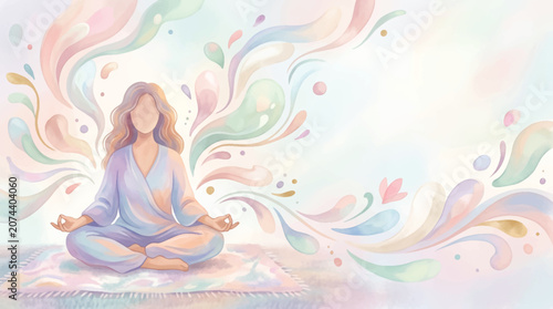 Serene Woman Meditating in Lotus Pose with Flowing Pastel Watercolor Energy