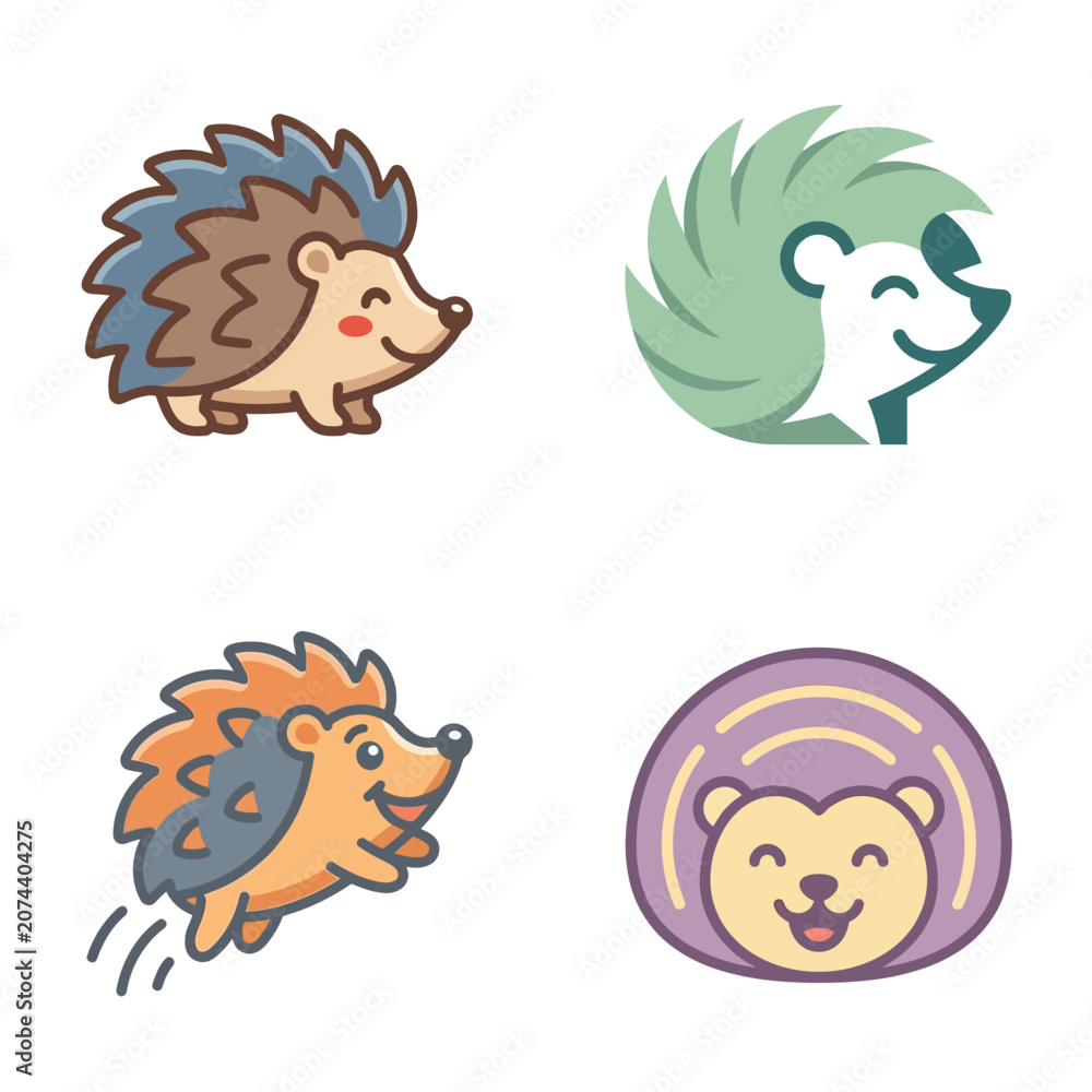 Naklejka premium Cartoon Hedgehogs in Various Poses.