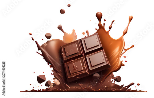 Chocolate bar splashing in molten liquid chocolate isolated on transparent background for food design.