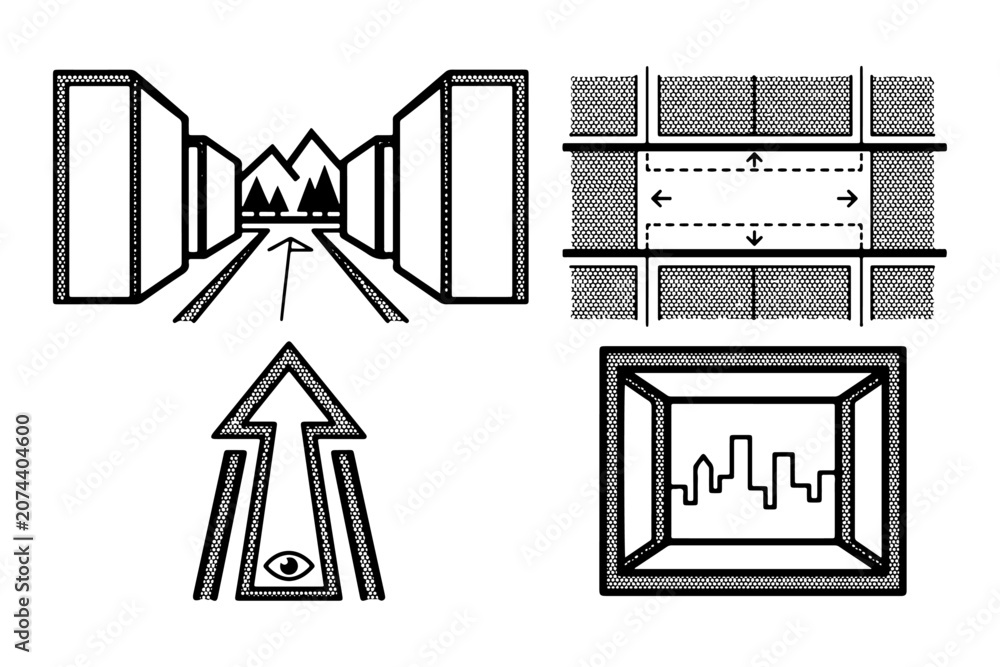 Fototapeta premium Architectural View Corridor Symbols Wire Mesh Vector Illustration – Large Black Clean Line Icons