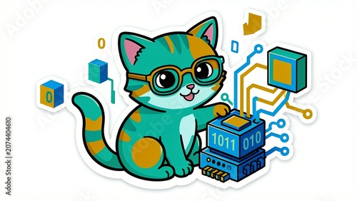 A green cat wearing glasses sitting on top of a circuit board