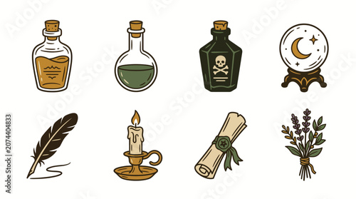 Wizardry Potions and Magic Tools Vector Set