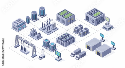 Industrial factory buildings and machinery.