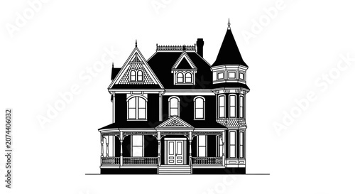 A minimalist black and white vector illustration of a classic Victorian house architecture.