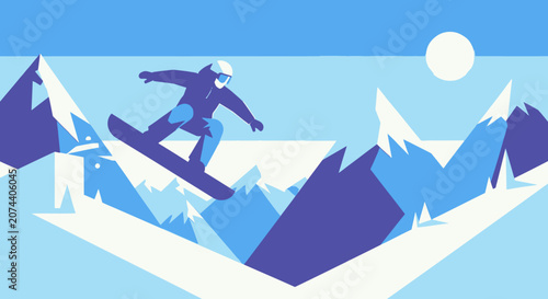 Bild auf Leinwand A stylized vector illustration of a snowboarder jumping over snowy mountain peaks