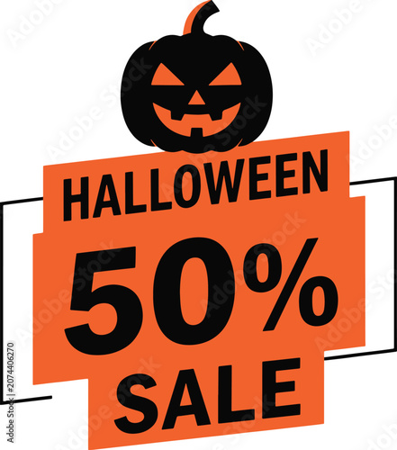 Halloween 50% sale banner with pumpkin head, promotional design for holiday event