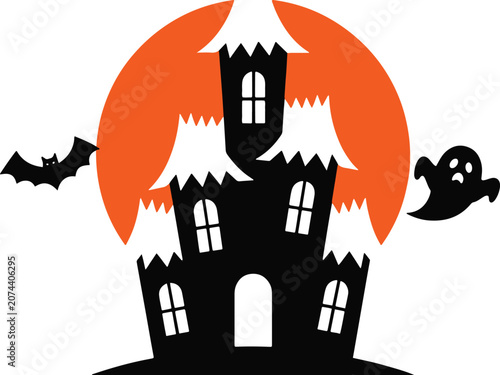 Haunted house silhouette with bats and ghosts under full moon, halloween background