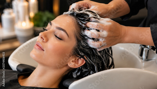 Hair washing realistic salon photo with woman receiving shampoo treatment and scalp massage