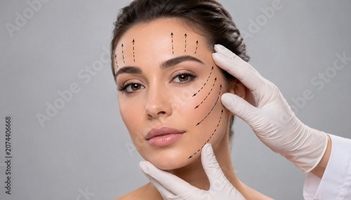 Facelift consultation realistic portrait of woman with facial lifting arrows for aesthetic treatment