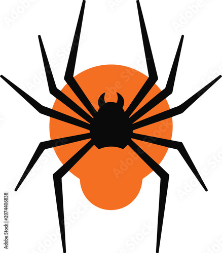 Large black spider silhouette crawling over orange circle background for halloween concept