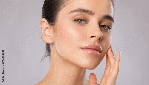 Facial lifting skincare realistic portrait with woman and contour arrows for anti aging beauty treatment