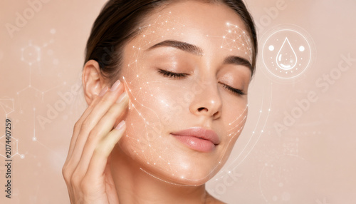 Skincare technology portrait with glowing hydration interface for facial care and beauty science
