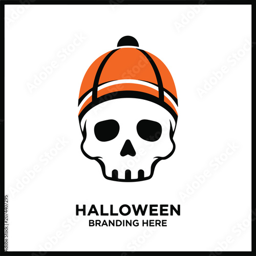 Halloween branding vector skull wearing orange hat isolated on transparent background
