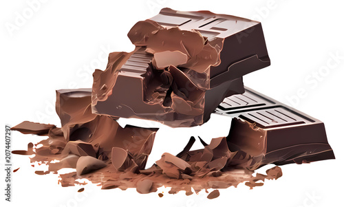 Crumbled dark chocolate bar pieces scattered on surface isolated on transparent background close up.