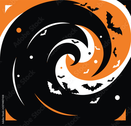 Halloween swirl background with flying bats and orange spiral pattern on dark atmosphere