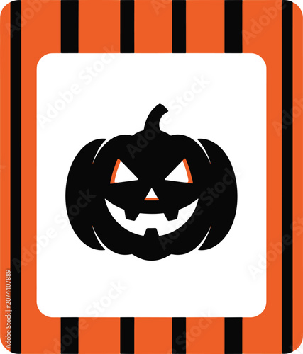 Black pumpkin silhouette on vertical striped orange and black frame for halloween poster