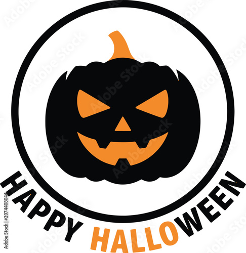 Happy Halloween black pumpkin in circle with orange text for spooky holiday greeting