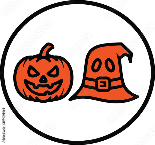 Halloween pumpkin and witch hat icons in circle for spooky holiday decoration