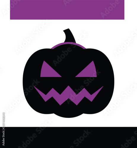 Jack o lantern pumpkin black silhouette with purple evil face and stem graphic design