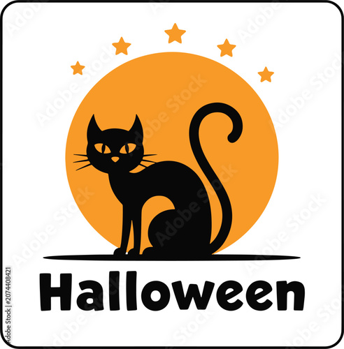 Black cat sitting in front of full moon spooky halloween silhouette