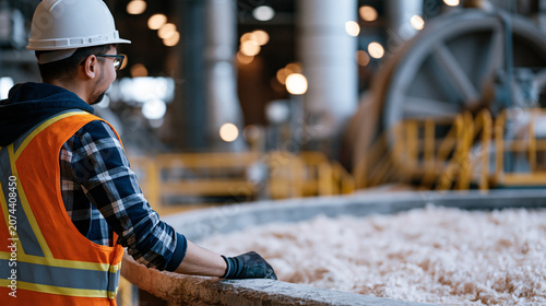 Paper mill pulp processing worker overseeing fiber slurry vat agitation system industrial production floor wet pulp manufacturing engineer cellulose processing plant